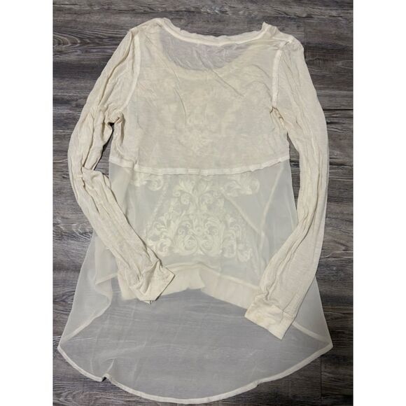 MNK Tunic M Cream Sheer Long Sleeve White Floral Applique Cottagecore Bohochic - Picture 7 of 7